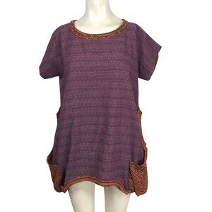 SACRED THREADS - WOMEN'S M/L PURPLE SHORT SLEEVE 100% COTTON BOHO TOP W/ POCKETS